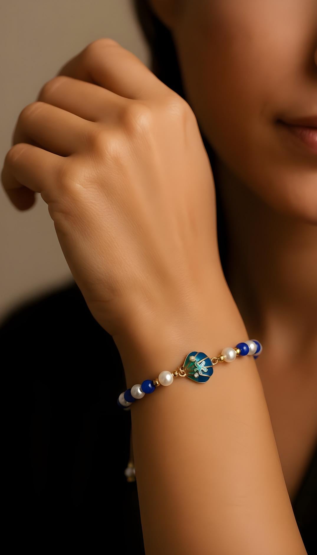 Blue and Pearl Beaded Adjustable Bracelet  Gold Charm Shell Design