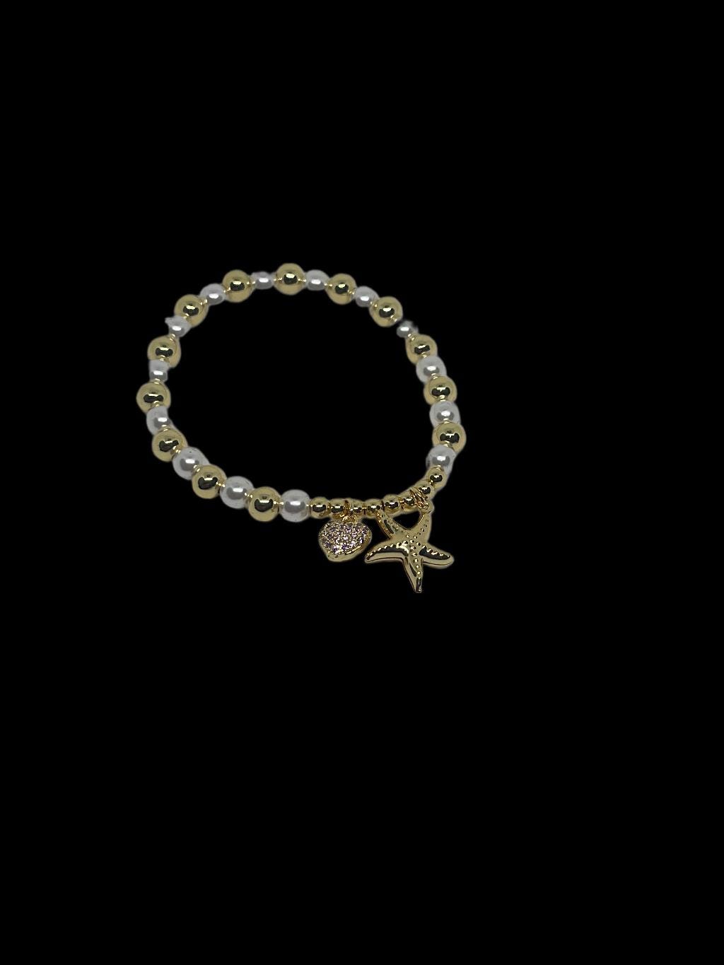 Gold and Pearl Charm Bracelet  Starfish & Heart