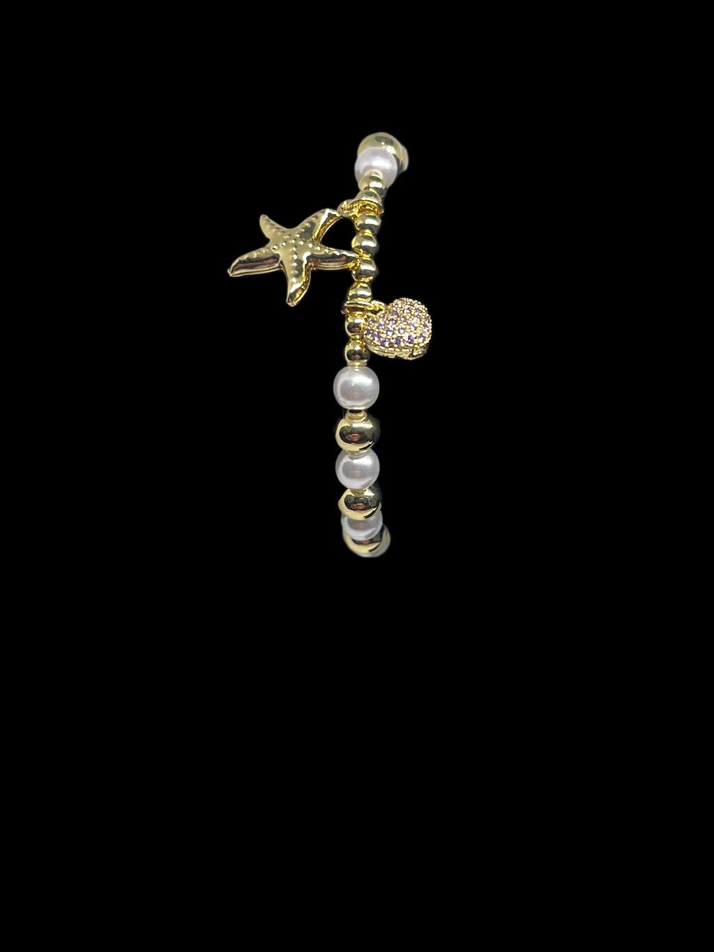 Gold and Pearl Charm Bracelet  Starfish & Heart