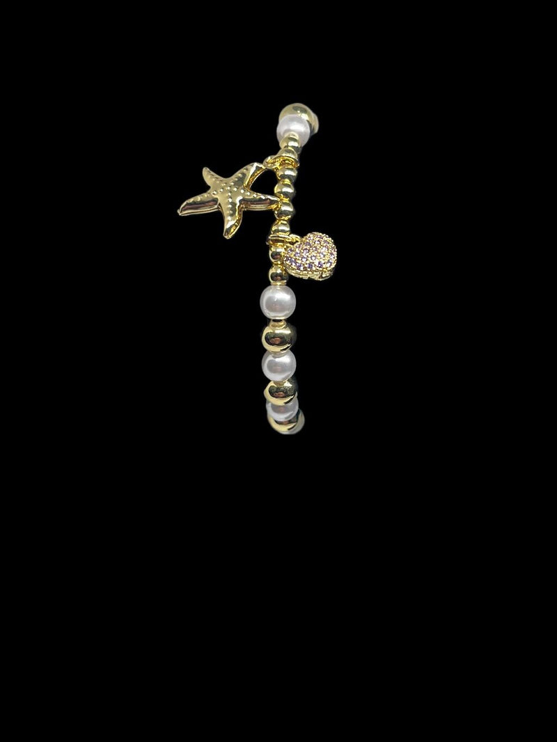 Gold and Pearl Charm Bracelet  Starfish & Heart