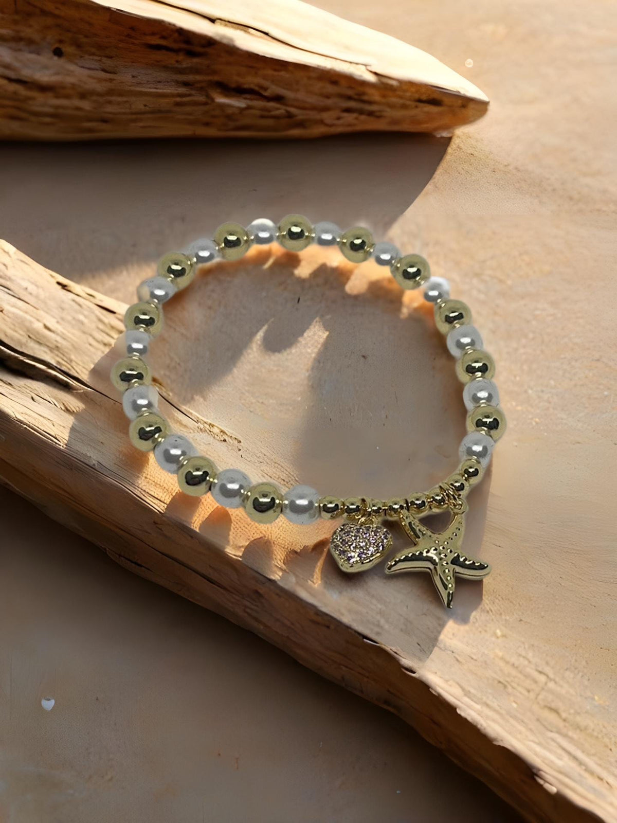 Gold and Pearl Charm Bracelet  Starfish & Heart