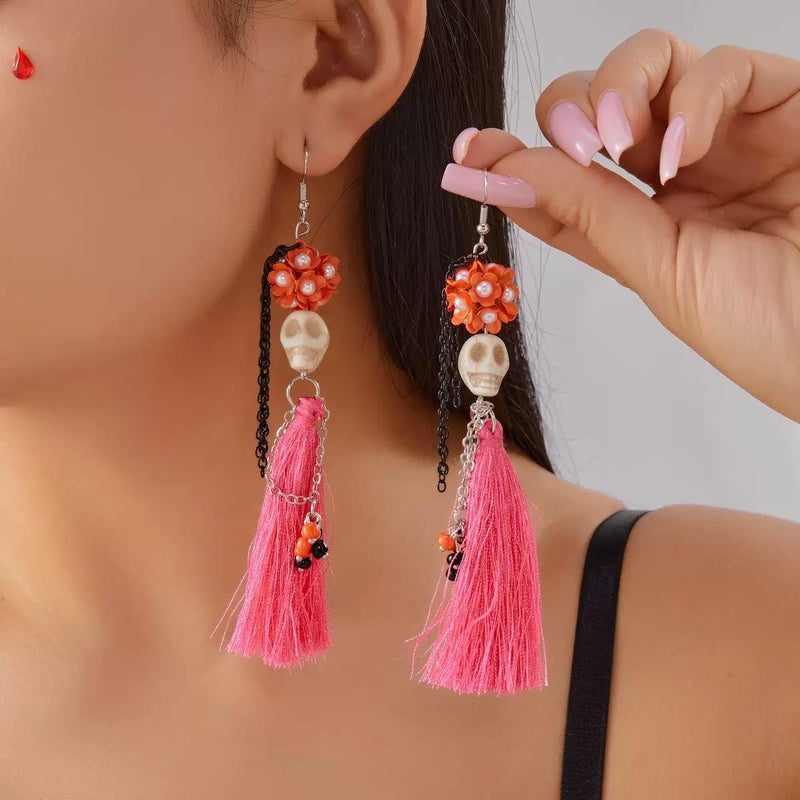 Colorful Skull Tassel Earrings  Day of the Dead Statement Earrings