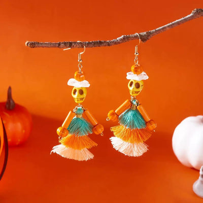 Colorful Skull Tassel Earrings  Day of the Dead Statement Earrings