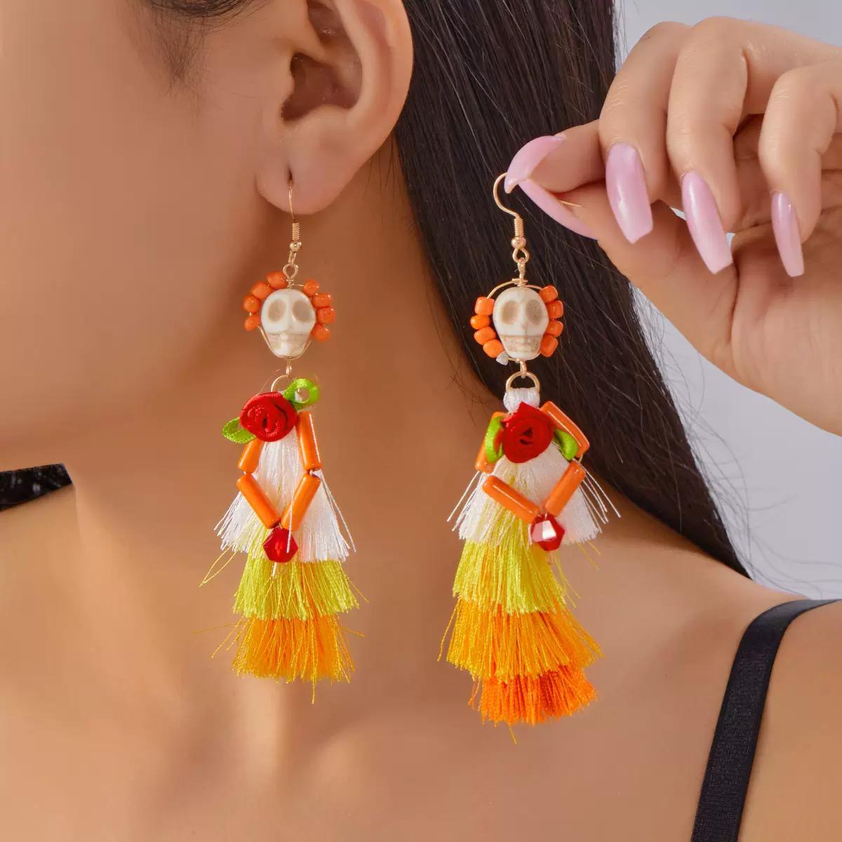 Colorful Skull Tassel Earrings  Day of the Dead Statement Earrings