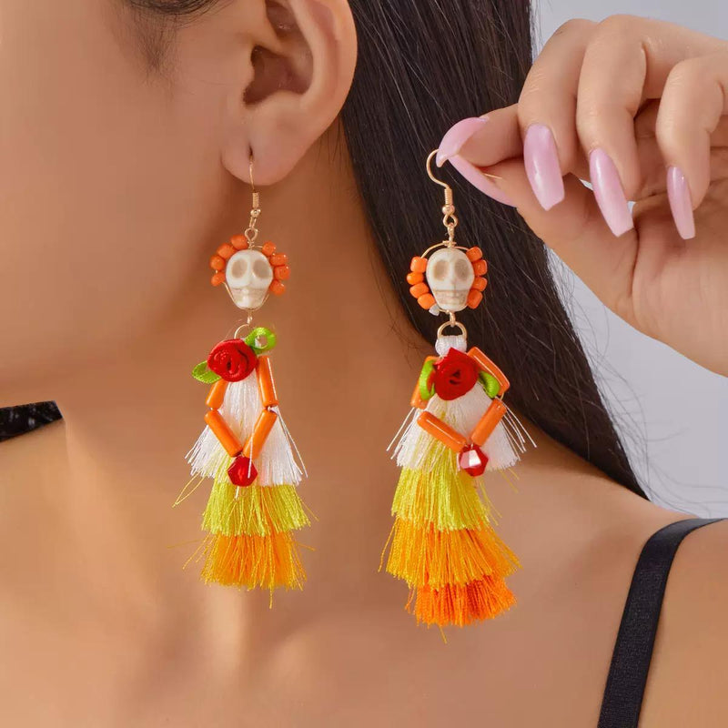 Colorful Skull Tassel Earrings  Day of the Dead Statement Earrings