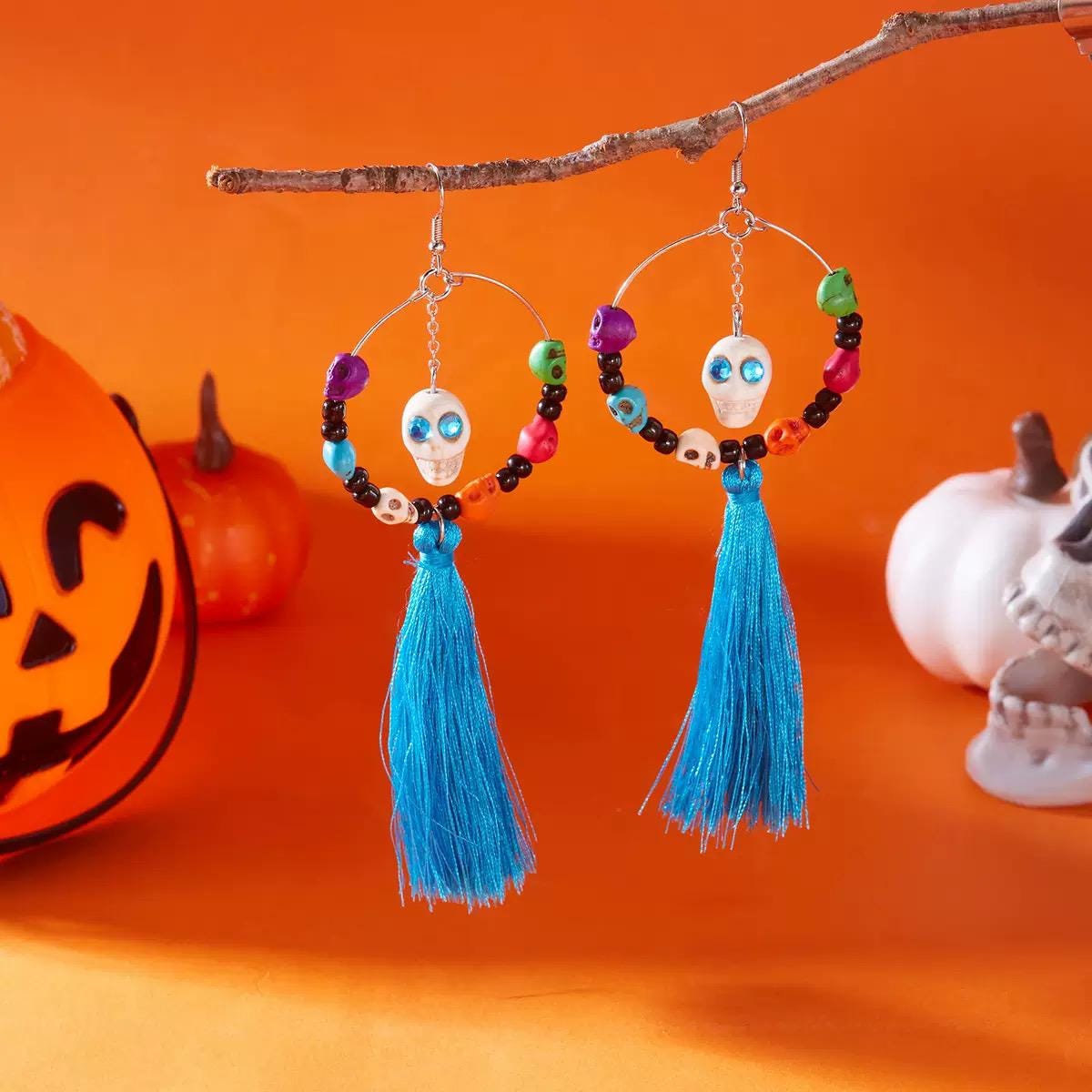 Colorful Skull Tassel Earrings  Day of the Dead Statement Earrings