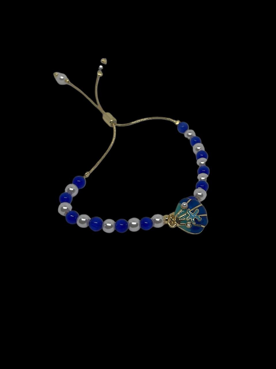 Blue and Pearl Beaded Adjustable Bracelet  Gold Charm Shell Design