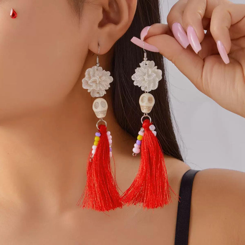 Colorful Skull Tassel Earrings  Day of the Dead Statement Earrings