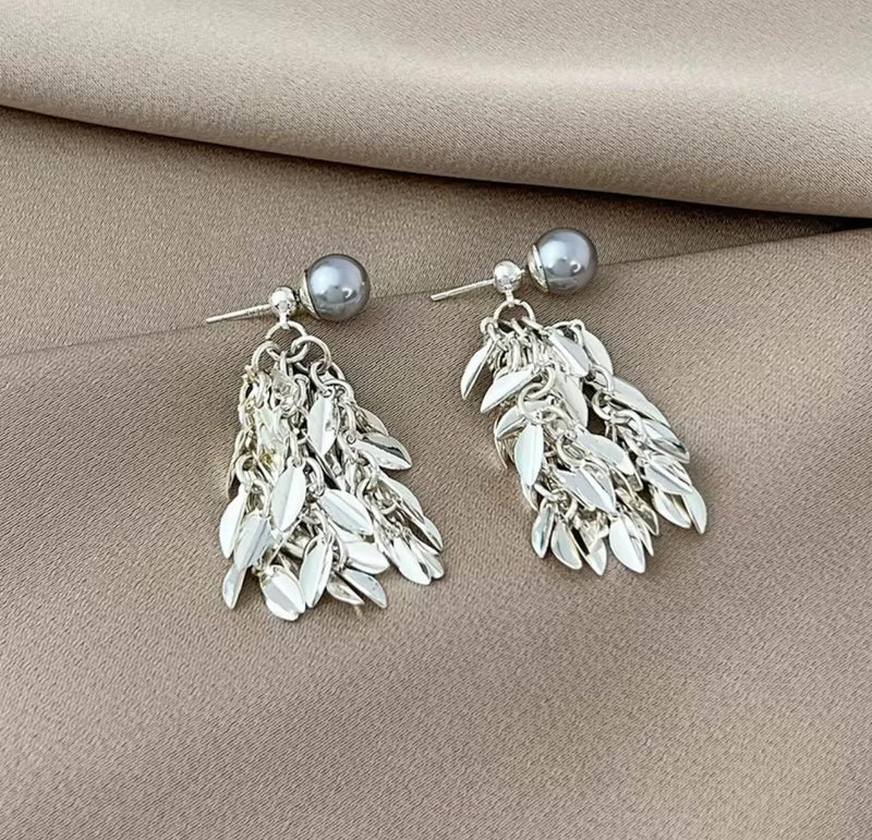 Silver Leaf Tassel Earrings  Elegant Pearl Stud Drop Earrings | High-End Statement Jewelry