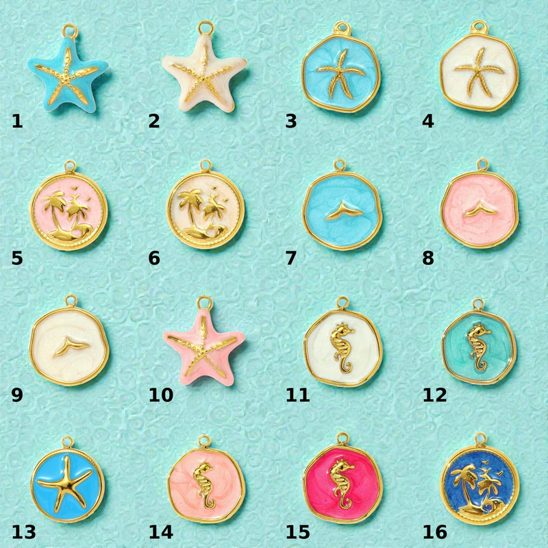 Gold Plated Beach Charms   Enamel Pendants for Necklaces & Bracelets / Ocean Jewelry