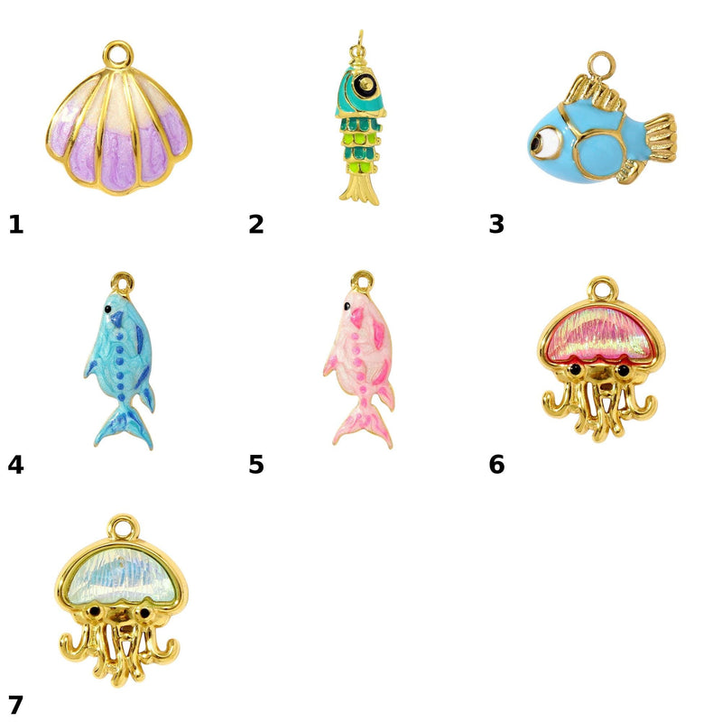 Gold Plated Ocean Charms  Beach Jewelry Pendants  Enamel Shell, Fish & Sea Life Charms
