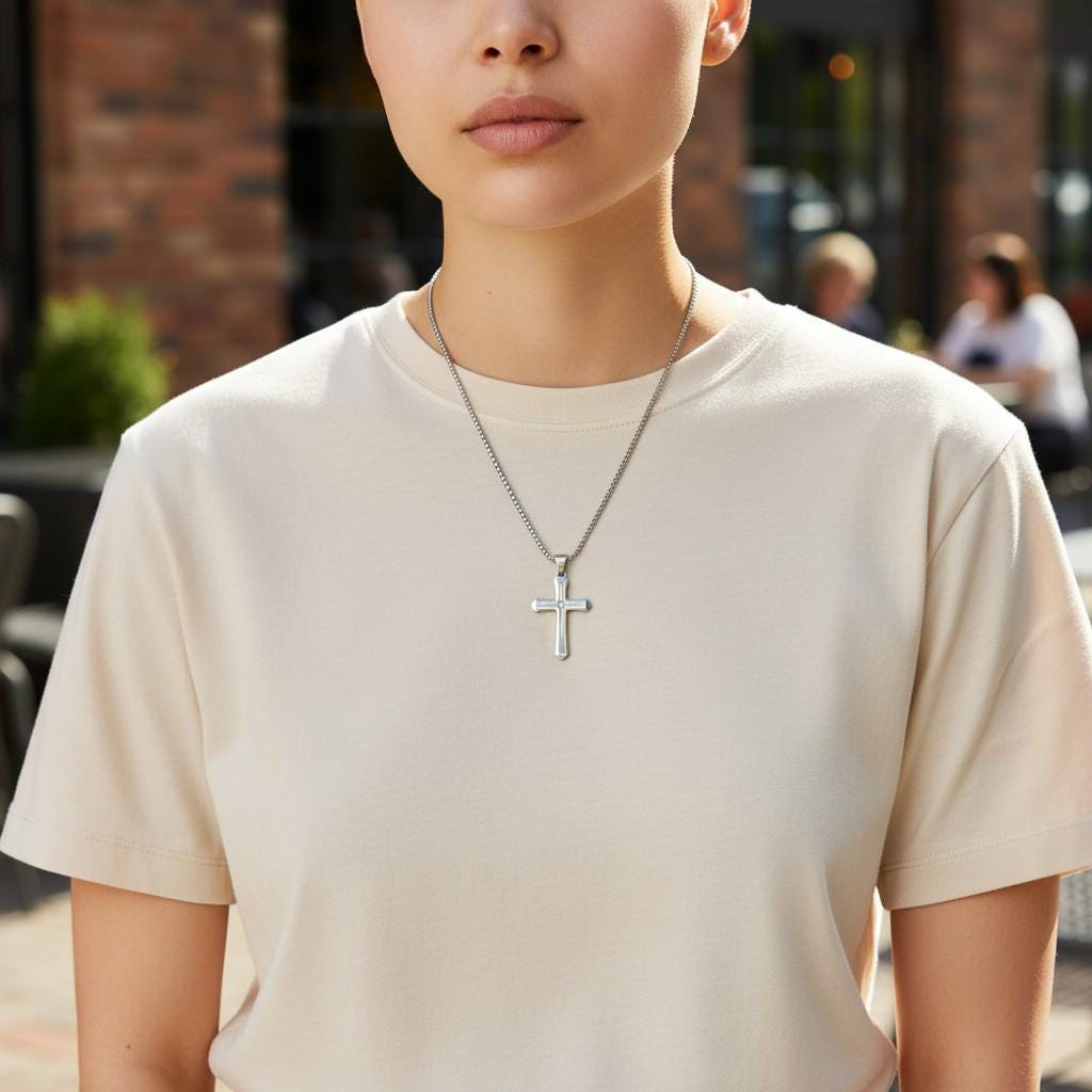 Gold or Silver Stainless Steel Cross Necklace  Mens & Womens Christian Pendant