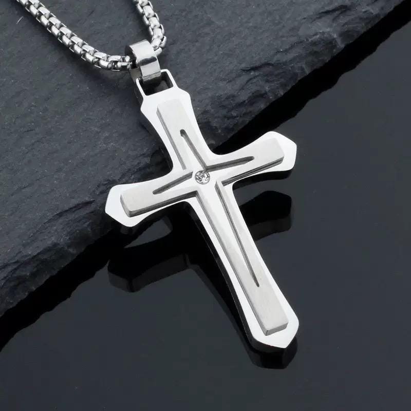 Gold or Silver Stainless Steel Cross Necklace  Mens & Womens Christian Pendant