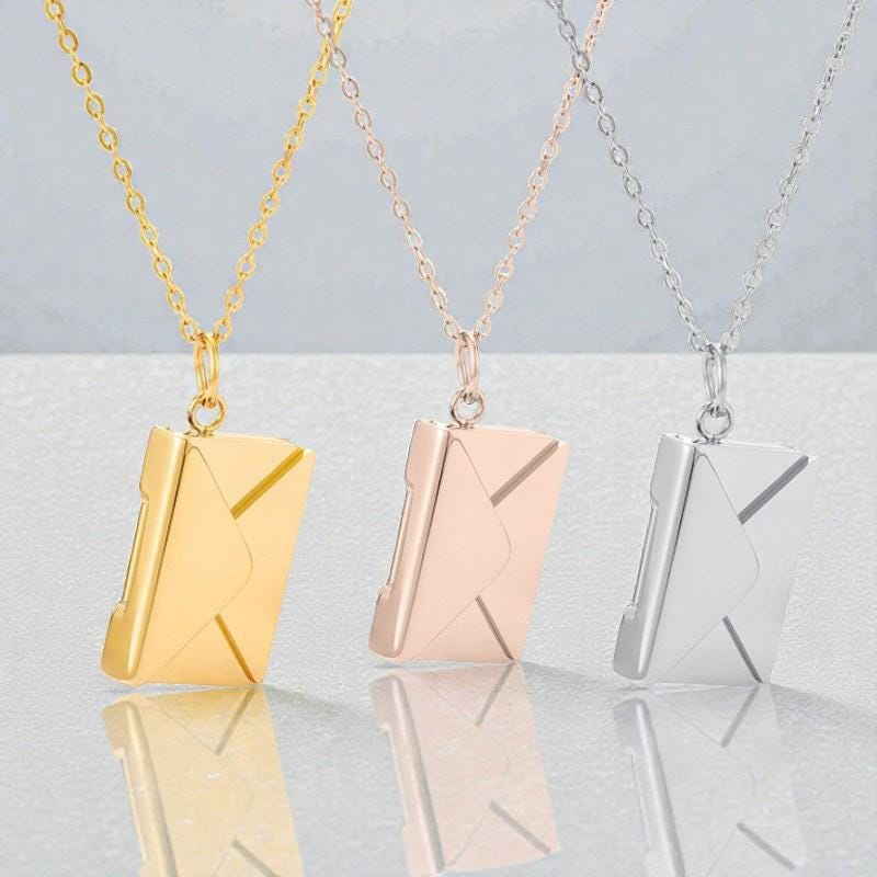 Love Letter Envelope Necklace  Hidden Message Pendant  Custom Engraved Insert  Romantic Gift for Her  Silver Gold Rose Gold Jewelry