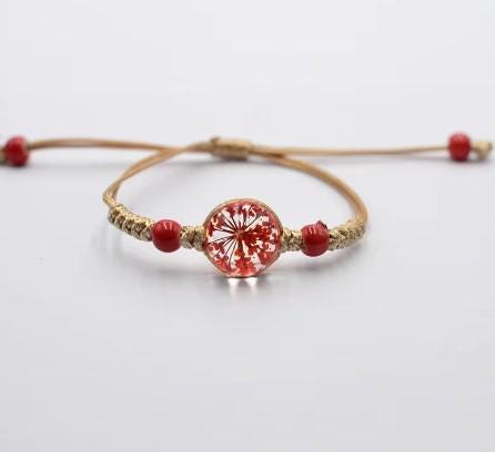 Boho Glass Flower Bracelet  Adjustable Cord   Handwoven Bohemian Jewelry  Dainty Floral Charm