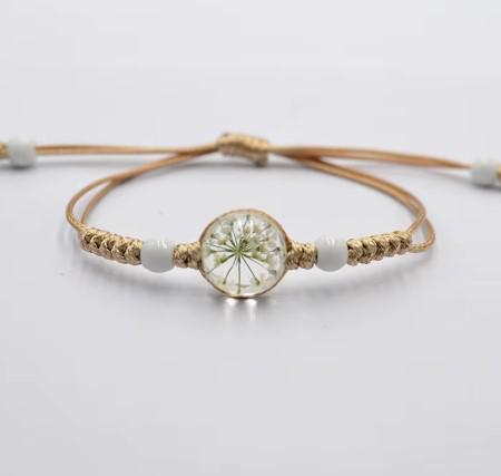 Boho Glass Flower Bracelet  Adjustable Cord   Handwoven Bohemian Jewelry  Dainty Floral Charm