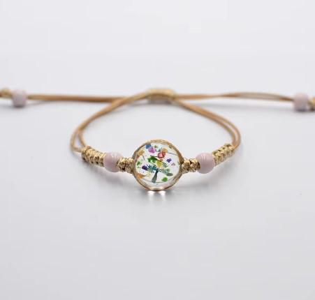Boho Glass Flower Bracelet  Adjustable Cord   Handwoven Bohemian Jewelry  Dainty Floral Charm