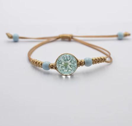 Boho Glass Flower Bracelet  Adjustable Cord   Handwoven Bohemian Jewelry  Dainty Floral Charm