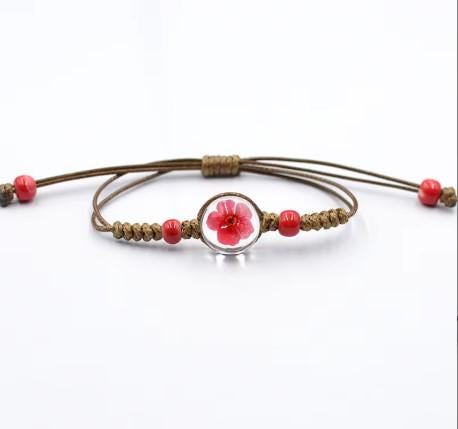 Handmade Real Flower Bracelet  Pressed Resin Charm  Adjustable Macrame  Dried Flower Jewelry