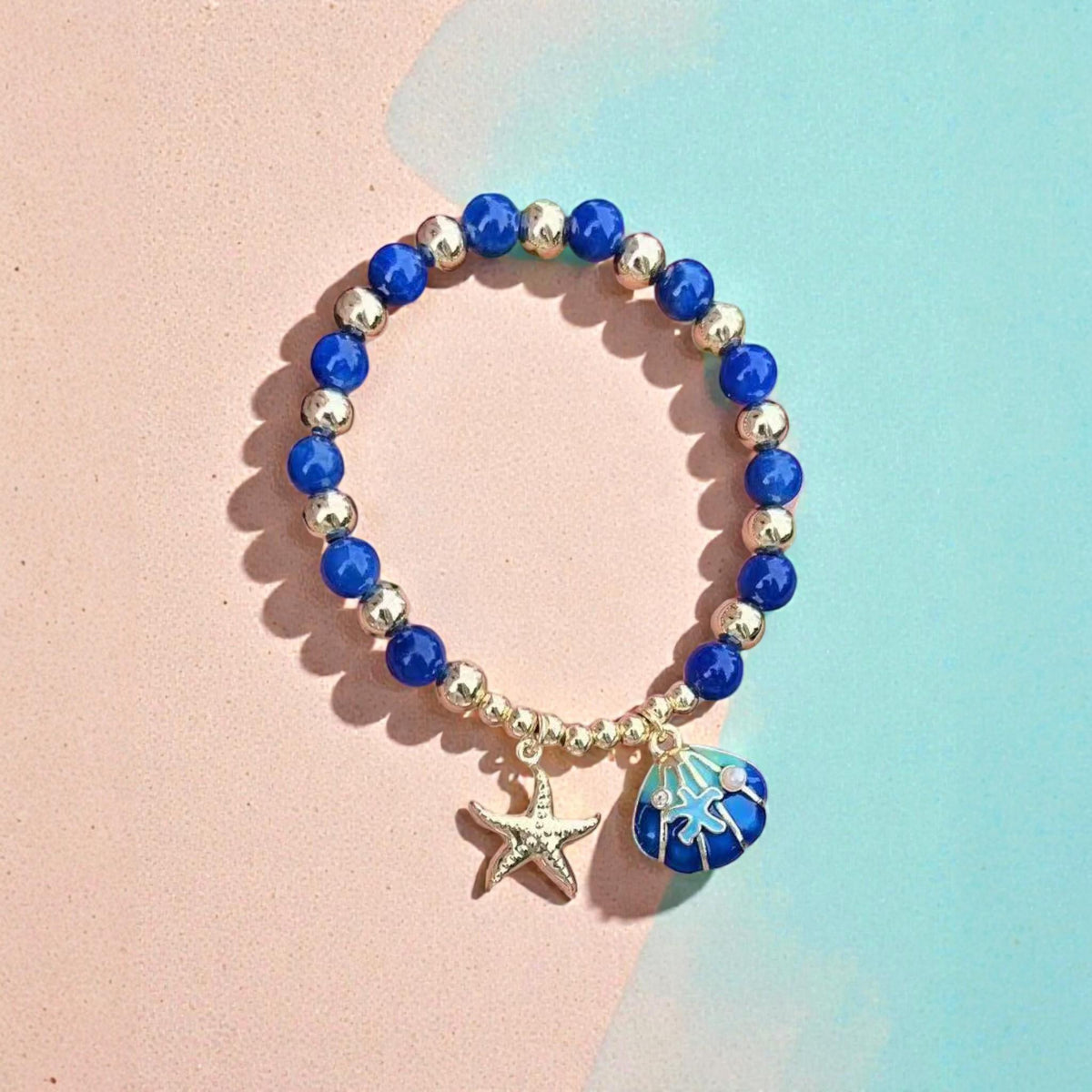 Gold Plated Sea Charm Bracelet  Blue Beaded Starfish  Shell Charm