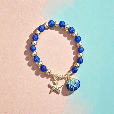 Gold Plated Sea Charm Bracelet  Blue Beaded Starfish  Shell Charm