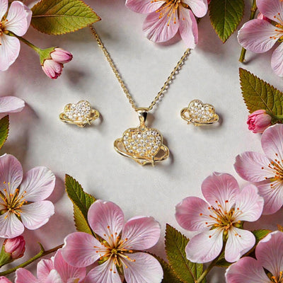 18K Gold Plated Heart Jewelry Set  Crystal Heart Necklace & Earrings