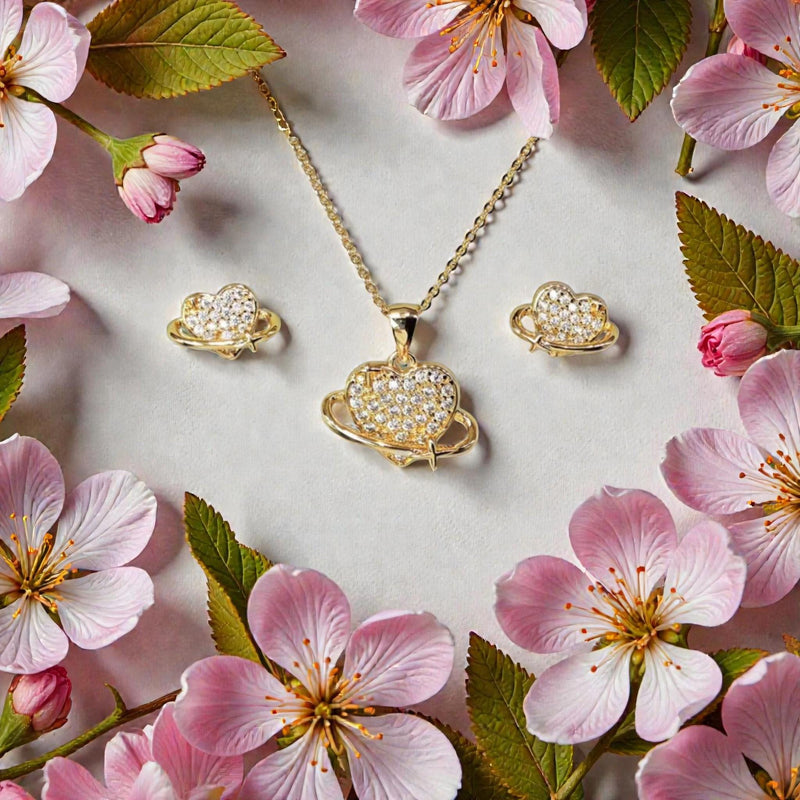 18K Gold Plated Heart Jewelry Set  Crystal Heart Necklace & Earrings