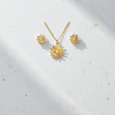 18K Gold Plated Sunburst Jewelry Set  Protective Eye Necklace & Earrings | Crystal Sun Charm Set