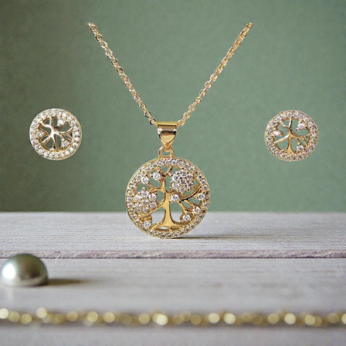 18K Gold Plated Tree of Life Jewelry Set  Sparkling Necklace & Earrings