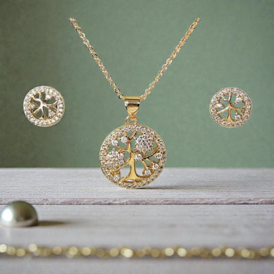 18K Gold Plated Tree of Life Jewelry Set  Sparkling Necklace & Earrings