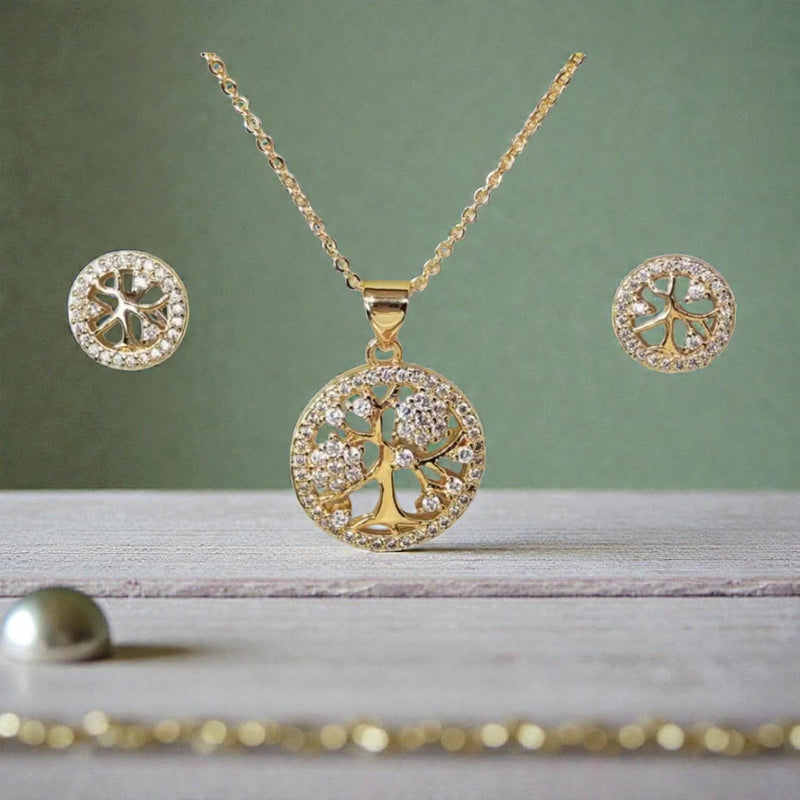 18K Gold Plated Tree of Life Jewelry Set  Sparkling Necklace & Earrings