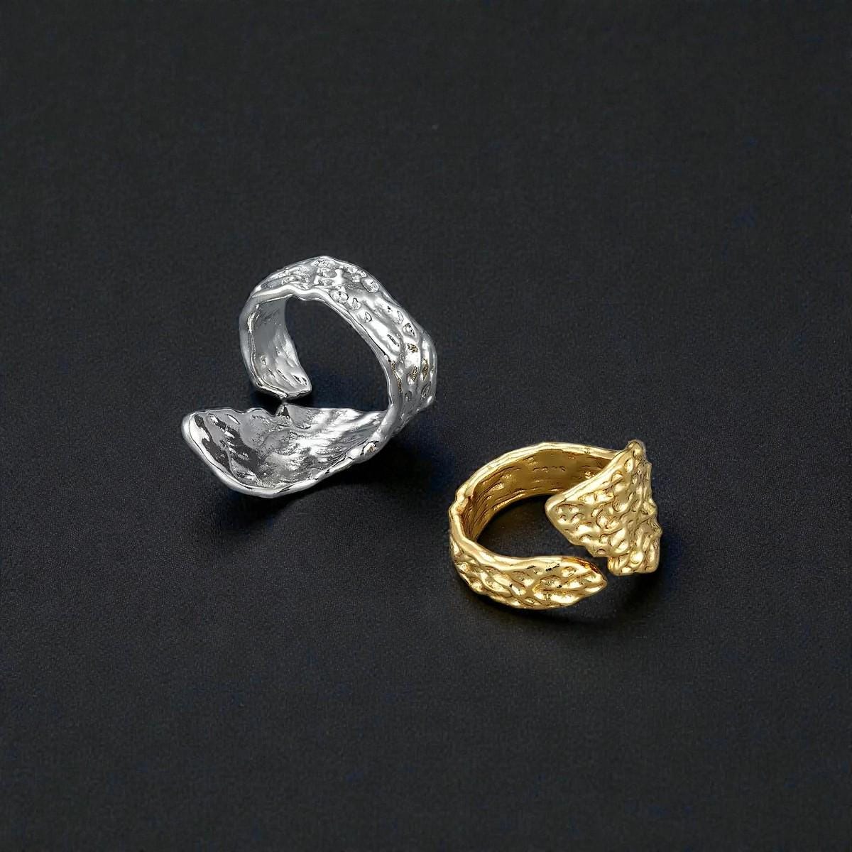 Adjustable Gold Plated Hammer and Abstract Rings