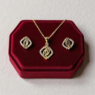18K Gold Plated Woven Knot Jewelry Set  Crystal Knot Necklace & Earrings,