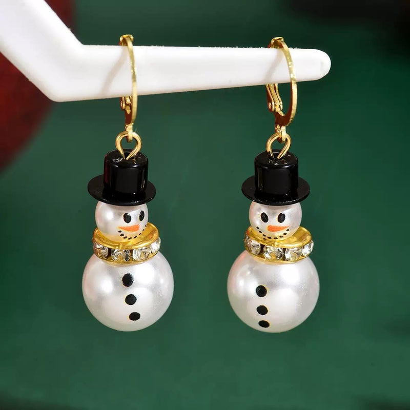 Snowman Charm Earrings  Holiday Pearl Snowman Dangles  Cute Christmas Jewelry Gift