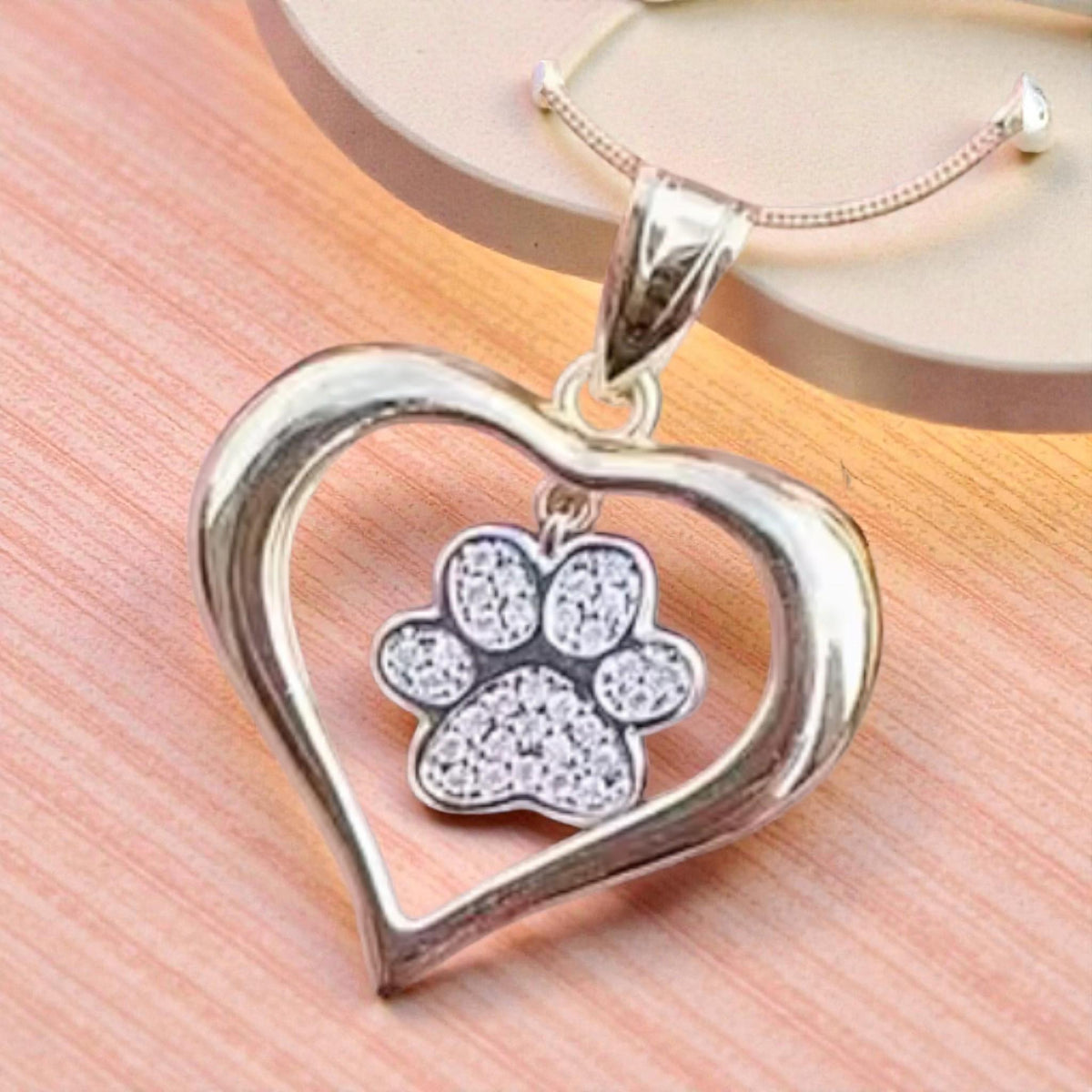Heart Paw Print Necklace  Pet Lover Gift  Crystal Paw Pendant