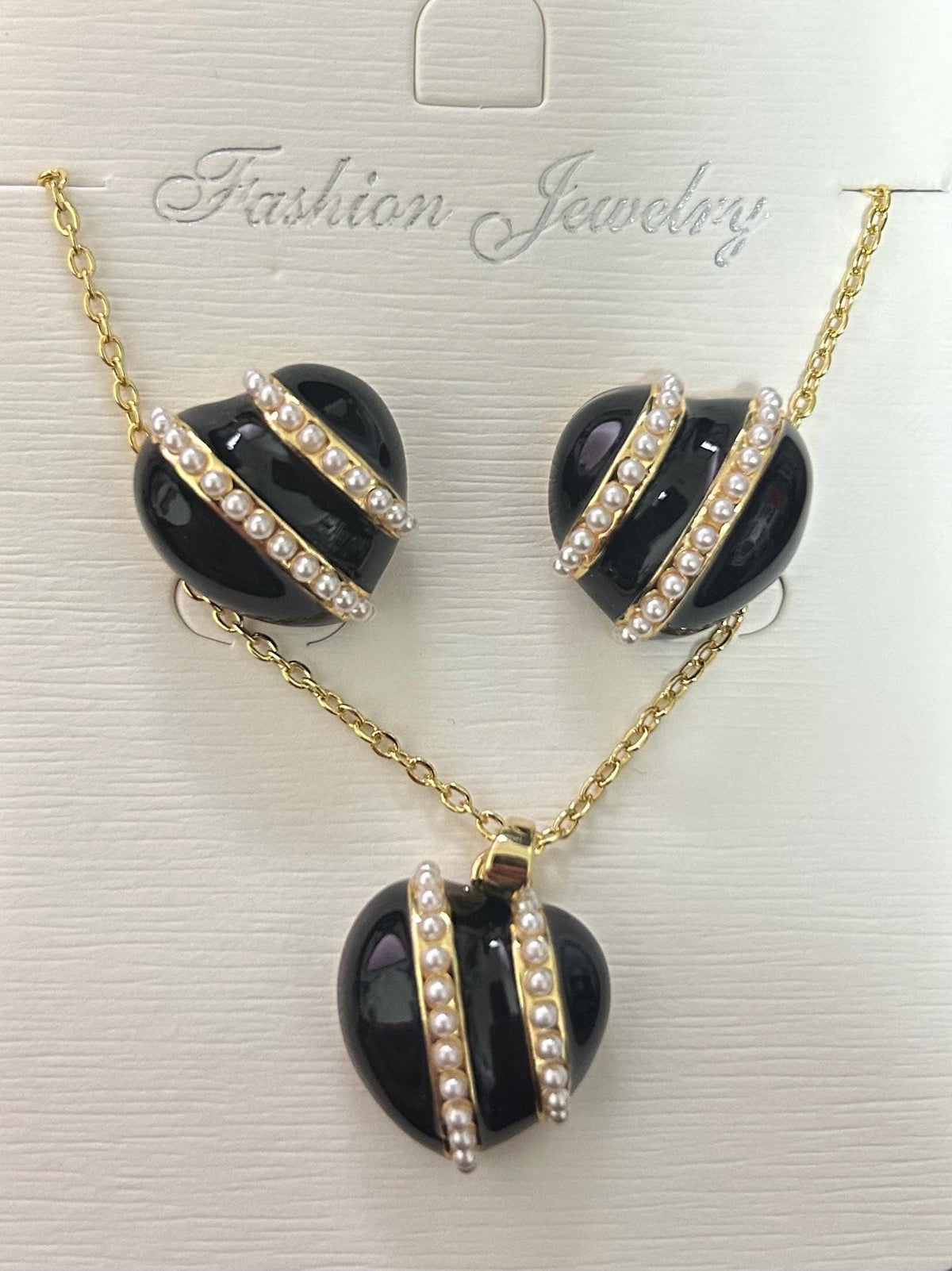 Black Heart Jewelry Set  Pearl Stripe Necklace & Earrings