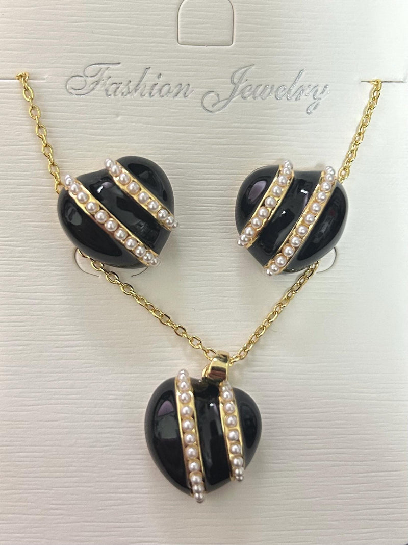 Black Heart Jewelry Set  Pearl Stripe Necklace & Earrings