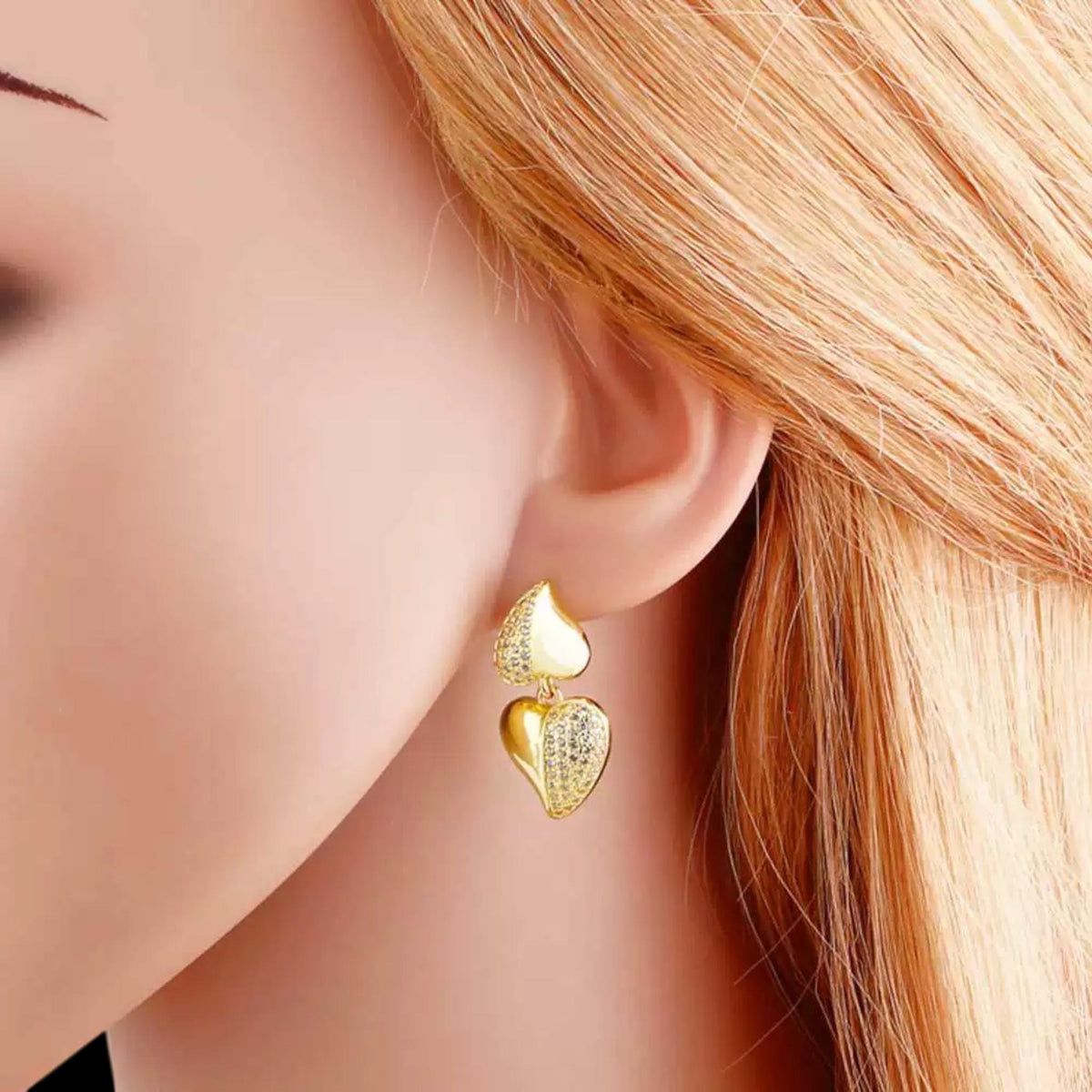 Gold Double Heart Earrings  Crystal Half Pave Drops  Elegant Statement Jewelry Gift