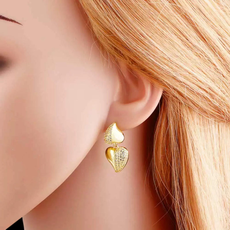 Gold Double Heart Earrings  Crystal Half Pave Drops  Elegant Statement Jewelry Gift