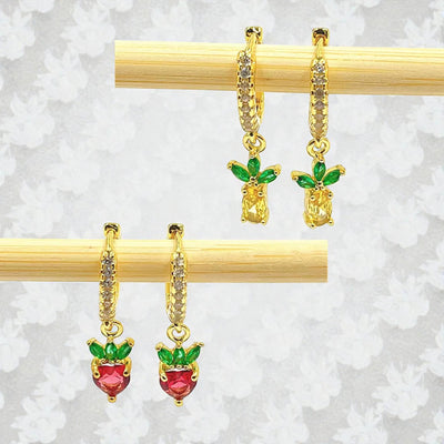Gold Fruit Charm Earrings  Pineapple or Strawberry Hoops  Crystal Gold Plated Dangle Jewelry