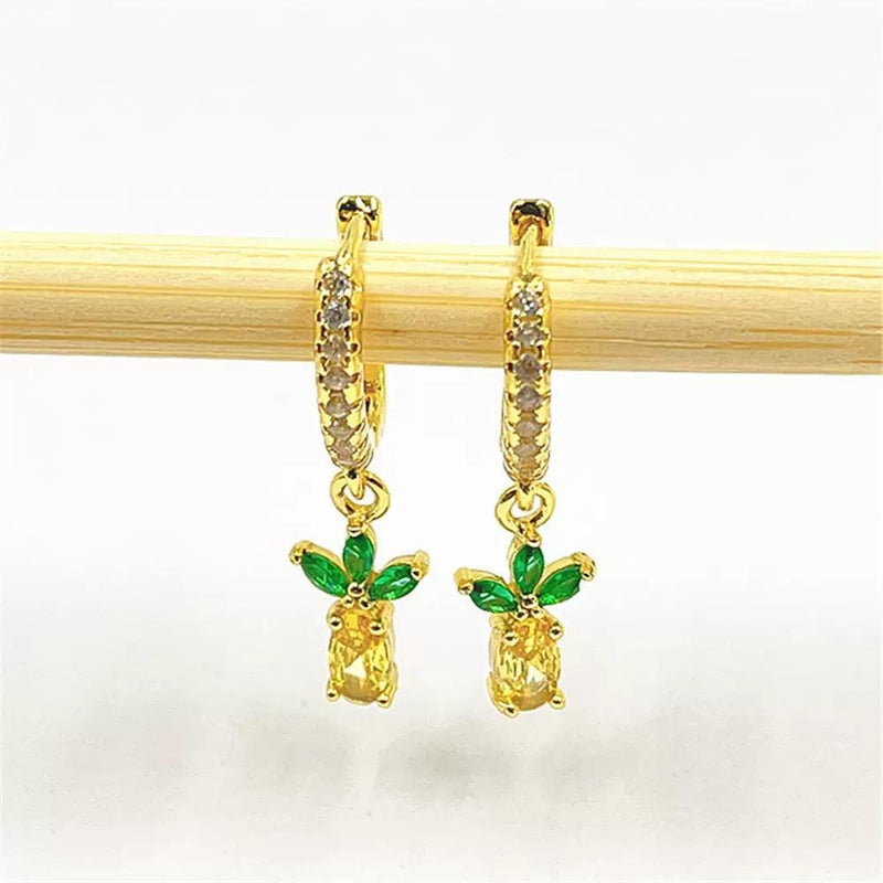 Gold Fruit Charm Earrings  Pineapple or Strawberry Hoops  Crystal Gold Plated Dangle Jewelry