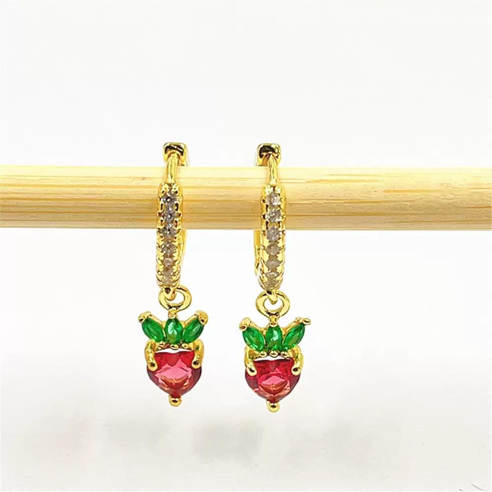 Gold Fruit Charm Earrings  Pineapple or Strawberry Hoops  Crystal Gold Plated Dangle Jewelry