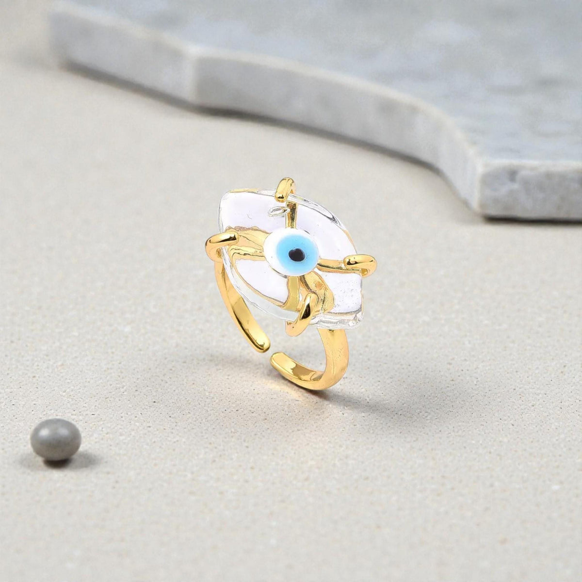 Gold Evil Eye Adjustable Rings  Protection Symbol Jewelry  Blue Eye Open Band Ring Gift