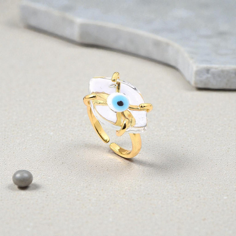 Gold Evil Eye Adjustable Rings  Protection Symbol Jewelry  Blue Eye Open Band Ring Gift