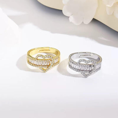 Gold Plated Adjustable Heart Ring  Baguette Crystal Open Band  Romantic Fashion Jewelry