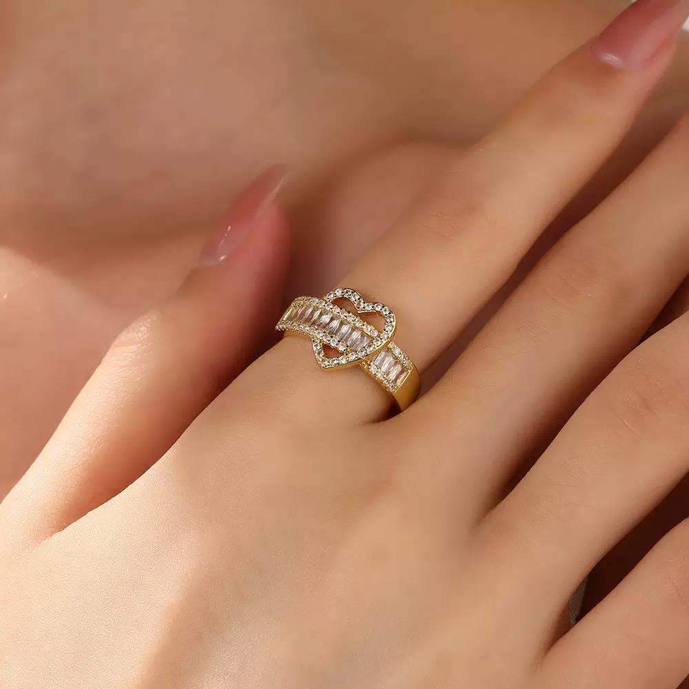 Gold Plated Adjustable Heart Ring  Baguette Crystal Open Band  Romantic Fashion Jewelry
