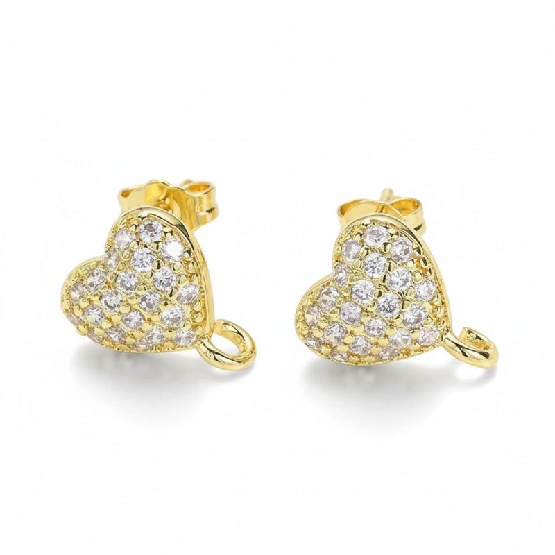 Gold Heart Stud Earrings with CZ | Dangle Ready Connector Studs for DIY Jewelry