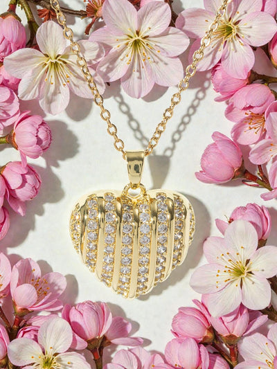 Gold CZ Heart Necklace  Sparkling Pave Heart Pendant  Dainty Layering Necklace