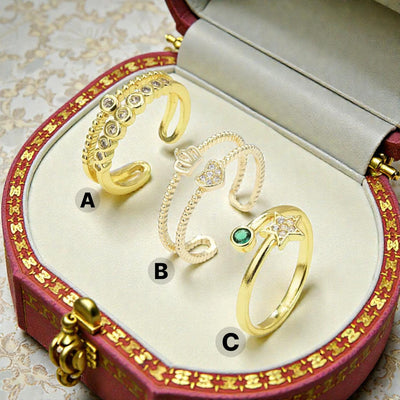 Gold Plated Adjustable Rings Set  Dainty Star Heart Crown Rings, Minimal Stackable Fashion Jewelry