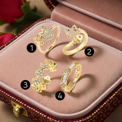 Gold Plated Adjustable Charm Rings | Cute Heart Cat Fish Floral Designs | Trendy Open Rings